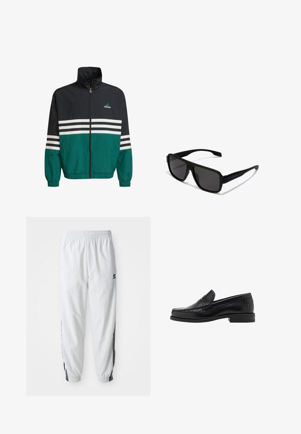 Černá a tyrkysová větruodolná bunda s vysokým límcem, zipem a bílými horizontálními pruhy. Na hrudi se nachází logo Adidas.; Černý svetr, kulatý výstřih, dlouhé rukávy, žebrované manžety a lem, měkká textura, jednobarevný, minimalistický design.; Bílé sportovní kalhoty s černými bočními pruhy, elastickým pasem a manžetami; na levém stehně je logo Adidas. Hladká textilie.; Černé kožené mokasíny s hladkým povrchem, prošíváním na špičce a nízkým podpatkem pro komfort a styl.; Hawkers PARLAY - Sluneční brýle - black