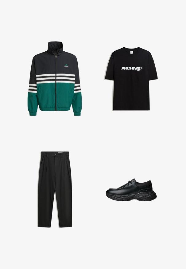 Giacca a vento nera e turchese con colletto alto, chiusura con zip e strisce orizzontali bianche. Presenta un logo Adidas sul petto.; T-shirt in cotone nero con il logo bianco "ARCHIVE inc." stampato sul petto, maniche corte e colletto a girocollo.; Pantaloni in cotone neri con una vestibilità rilassata, dotati di una vita classica, pieghe frontali e tasche laterali. Tessuto liscio senza fantasie.; Scarpe slip-on in pelle nera con punta arrotondata e suola in gomma spessa e testurizzata. Presentano cuciture sottili e dettagli in elastico sul colletto.