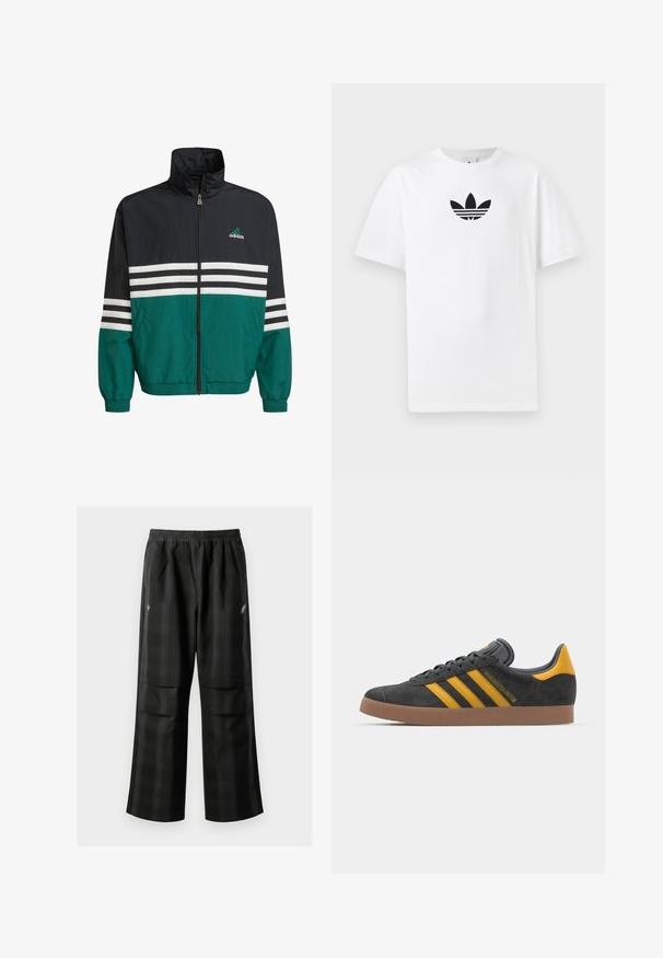 Zwarte en teal windbreaker jas met een hoge kraag, ritssluiting en witte horizontale strepen. Bevat een Adidas-logo op de borst.; Witte katoenen T-shirt met een zwart Adidas-logo in het midden. Korte mouwen en een ronde hals. Gladde textuur.; Zwarte geruite broek met een elastische tailleband, twee voorzakken en een losse pasvorm met een rechte pijpdesign. Gemaakt van lichtgewicht materiaal.; Zwarte suède sneakers met gele accenten, voorzien van drie strepen en een bruine rubberen zool. Inclusief een gevoerde tong voor comfort.