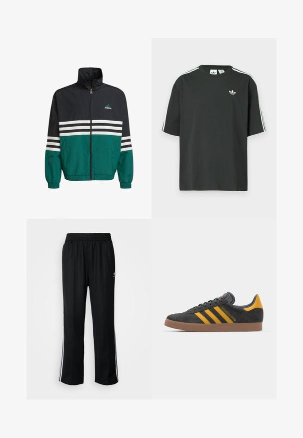 Melnas un zilu vējjakas ar augstu apkakli, ar rāvējslēdzēju un baltām horizontālām līnijām. Uz krūtīm ir Adidas logo.; Melna kokvilnas T-krekls ar īsām piedurknēm, apaļu kakla izgriezumu un baltām trim svītrām uz pleciem. Uz krūtīm neliels balts logo.; Melni sporta bikses ar elastīgu jostas vietu, kurām ir baltas sānu svītras un neliels logotips. Materiāls izskatās mīksts un viegls.; Melnas zamšādas kedas ar dzelteniem akcentiem, kurām ir trīs svītras un brūna gumijas zole. Iekļauta mīksta valkāšanas tongue komfortam.