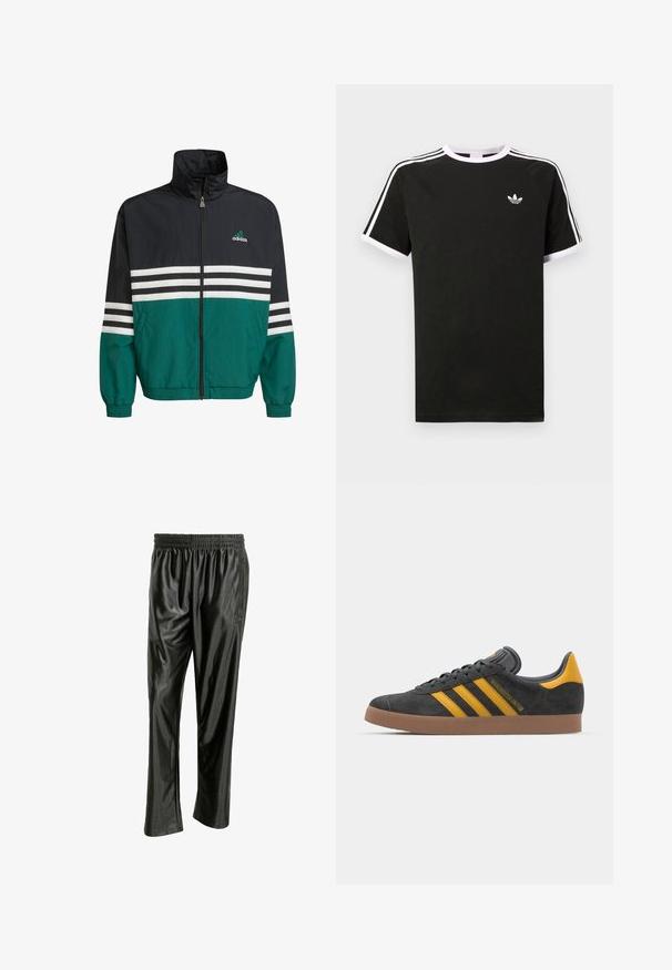 Corta-vento preto e azul-turquesa com colarinho alto, fecho de zípper e riscas horizontais brancas. Apresenta um logo da Adidas no peito.; T-shirt preta feita de algodão com detalhes em branco. Apresenta mangas curtas, design raglan, e um pequeno logótipo no peito. Três riscas brancas nos ombros.; Calças de atletismo pretas e brilhantes feitas de um material sintético suave. Possui um cós elástico e bolsos laterais com zíper. Corte descontraído.; Tenis em camurça preta com detalhes amarelos, apresentando três riscas e uma sola de borracha castanha. Inclui uma língua acolchoada para maior conforto.