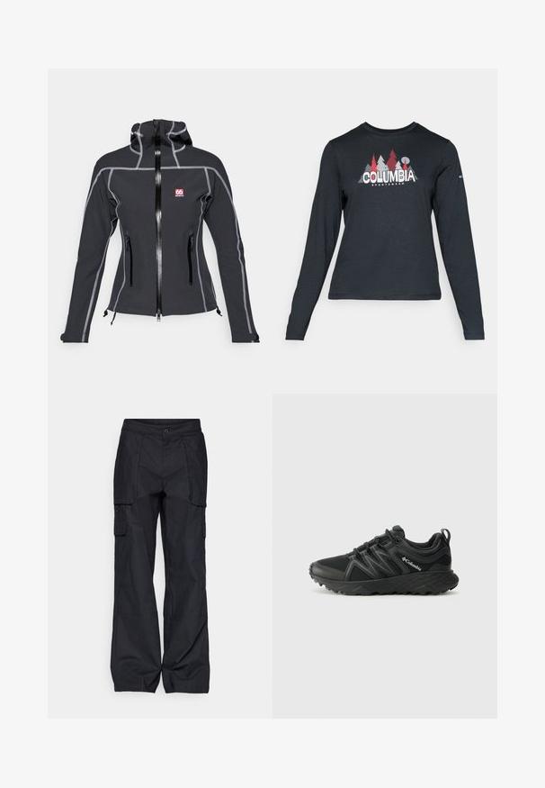 Chaqueta negra con cremallera y capucha, fabricada con un material elástico. Presenta costuras en gris contrastante y dos bolsillos con cremallera en la parte frontal.; Camisa de manga larga gris oscuro con un gráfico de árboles rojos y montañas; logo "COLUMBIA" en texto blanco en negrita. Tela suave, cuello redondo estándar.; Columbia BREA FALLS™ COTTON RIPSTOP PANT - Pantalones montañeros largos - black; Columbia PEAKFREAK - Zapatillas de senderismo - black