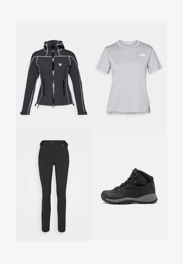 Giacca nera con zip e cappuccio, realizzata in un materiale elastico. Presenta impunture grigie a contrasto e due tasche con zip sul davanti.; T-shirt grigio a maniche corte realizzato in morbido tessuto traspirante. Presenta un collo tondo e un piccolo logo bianco nella parte superiore sinistra.; Pantaloni neri aderenti realizzati in materiale flessibile. Presentano una tasca laterale con zip, ginocchia articolate e una texture liscia.; Stivale da trekking nero con design a metà altezza, dotato di una tomaia texturizzata, accenti grigi e suola in gomma resistente con tasselli per la trazione.