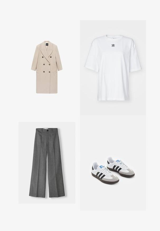 Dvojitě zapínaný béžový kabát z texturované tkaniny, s velkými knoflíky, špičatými klopami a bočními kapsami, v přímém siluetě.; Bílý krátký rukávový tričko vyrobené z bavlny. Má kruhový výstřih a malé černé logo Adidas na hrudi. Rovný lem.; Šedé široké kalhoty s proužkovaným vzorem, vybavené knoflíkovým zapínáním a dvěma předními kapsami. Vyrobeno z texturované tkaniny.; Sportovní boty s bílým koženým svrškem, šedou semišovou špičkou a třemi černými pruhy. Obsahují modré logo na jazyku a texturovanou gumovou podrážku.