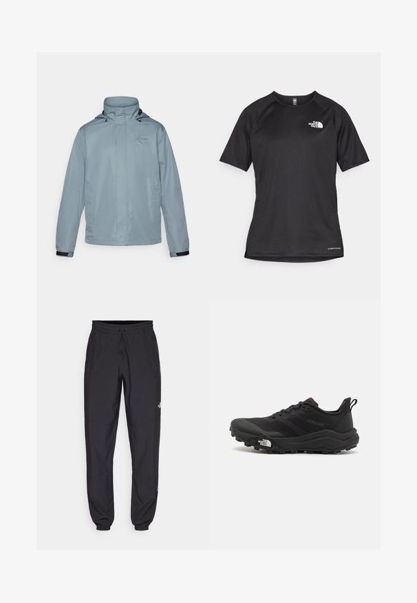 Hellblaues wasserdichtes Jacket mit hohem Kragen, verstellbarer Kapuze, Fronttaschen und elastischen Bündchen. Enthält ein dezentes Logo auf der Brust.; Schwarzes kurzärmliges Sportshirt aus strukturiertem Stoff, mit einem weißen Logo auf der linken Brust und einem geraden Saum.; Schwarze Sporthosen aus leichtem Stoff, mit einem Kordelzugbund, seitlichen Taschen und schmal zulaufenden Bündchen an den Knöcheln.; Schwarzer Trailrunning-Schuh mit strukturiertem Obermaterial, Gummisohle und verstärkter Zehenkappe. Verfügt über einen gepolsterten Kragen und eine Ziehlasche für einfaches Anziehen.