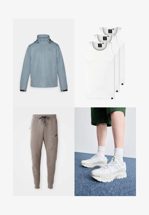 Giacca impermeabile azzurra chiara con collo alto, cappuccio regolabile, tasche frontali e polsini elasticizzati. Include un logo discreto sul petto.; Tre canotte bianche a coste in cotone. Presentano un colletto rotondo e piccole etichette nere vicino all'orlo. Disponibile in diverse taglie.; Pantaloni sportivi Nike grigi con cintura regolabile, gambe affusolate, tasche laterali e dettagli di cucitura distintivi. Tessuto morbido e texture.; Scarpe da ginnastica bianche con sovrapposizioni testurizzate, suola spessa e accenti grigi. Indossate con calze corte bianche e pantaloni corti verdi su una superficie blu.