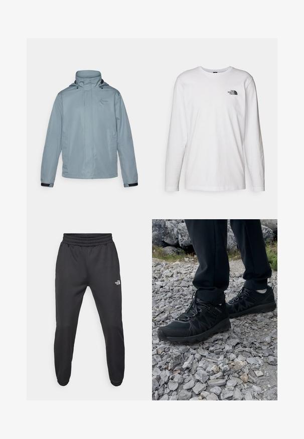 Lyseblå vandtæt jakke med høj krave, justerbar hætte, forlommer og elastiske manchetter. Inkluderer et diskret logo på brystet.; Hvid langærmet T-shirt lavet af bomuld med rund hals. Har et lille sort logo på brystet. Glat tekstur, almindelig pasform.; Sorte sweatpants med snor i livet, tætsiddende pasform, elastiske manchetter og et lille hvidt logo på venstre lår, lavet af glat stof.; Sorte udendørssko med mesh og syntetisk materiale, med en tekstureret overdel, sikre snørebånd og en robust ydersål, på klippelandskab.