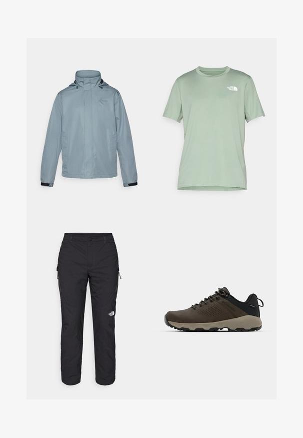 Svijetloplava vodootporna jakna s visokim ovratnikom, podesivom kapuljačom, prednjim džepovima i elastičnim manžetama. Sadrži suptilni logo na prsima.; Svetlo zelena kratkodlaka majica z mehkega materiala; vsebuje belo logo na zgornji levi strani; okroglo ovratnik.; The North Face WINTER EXPLORATION TAPERED CARGO - Hlače za na prostem - black; Rjave vodoodporne superge z teksturiranim zgornjim delom, perforiranimi detajli, črno podporo za peto in sivo gumijasto podlogo. Šnure imajo metalne konice.
