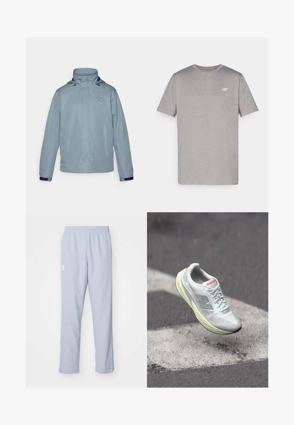 Jachetă impermeabilă de culoare albastru deschis, cu guler înalt, glugă ajustabilă, buzunare frontale și manșete elastice. Include un logo discret pe piept.; Tricou gri cu mânecă scurtă, fabricat dintr-un material moale, având un logo subtil de culoare albastru deschis pe partea stângă a pieptului. Guler rotund, croială regulară.; Pantaloni sportivi de culoare albastru deschis, cu talie elastică, buzunare laterale și fermoare la glezne. Au un logo alb pe coapsa stângă.; Adidași ușori pentru alergare cu un superior din plasă albă, talpă intermediară galbenă și accente gri. Prezintă un logo proeminent „N” și o suprafață texturată.