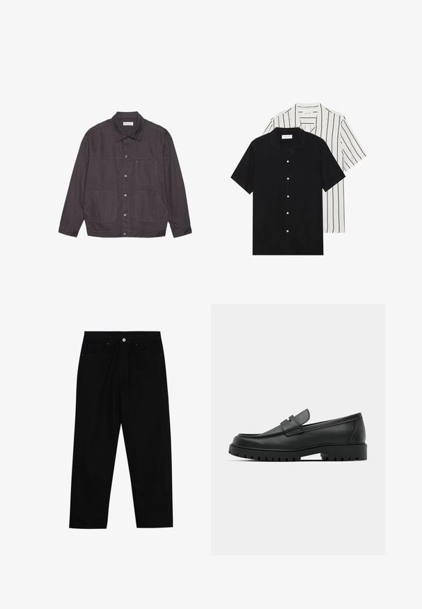 Dunkelgraue Jacke mit Kragen, vorderem Knopfverschluss und zwei großen Taschen. Hergestellt aus strapazierfähigem Stoff, mit dezenten Nahtakzenten.; Zwei kurzärmelige Hemden: eines ganz schwarz, das andere weiß mit schwarzen vertikalen Streifen. Beide verfügen über Knopfverschlüsse und einen klassischen Kragen.; Schwarze Jeans mit geradem Schnitt, Fünf-Taschen-Design und einem vorderen Knopfverschluss. Glatte Textur mit minimalen Nähten.; Schwarze Lederloafer mit runder Zehenform, ausgestattet mit einem gesteppten Design, niedrigem Plattformsohle und einer strukturierten, genoppten Gummisohle.