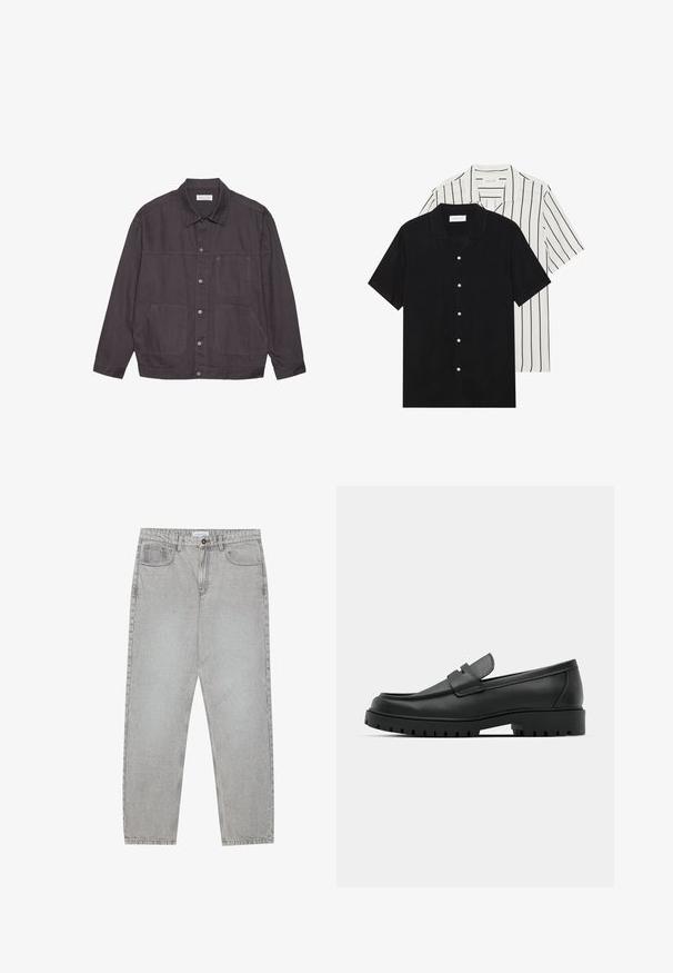 Temno siva jakna s ovratnikom, sprednjim zapinjanjem na gumbe in dvema velikima žepoma. Narejena iz trpežnega materiala, ki ima diskretne šive.; Dve majice s kratkimi rokavi: ena enobarvna črna, druga bela z črnimi navpičnimi črtami. Obe imata gumbaste zapenke in klasičen ovratnik.; Svetlo sivi traper hlače s ravnim krojem, pet žepov in gumbom za zapiranje. Vidno šivanje ob šivih.; Črne usnjene loafers čevlje z zaobljenim nosom, ki imajo šivano zasnovo, nizko platformo in teksturiran, profiliran gumijast podplat.