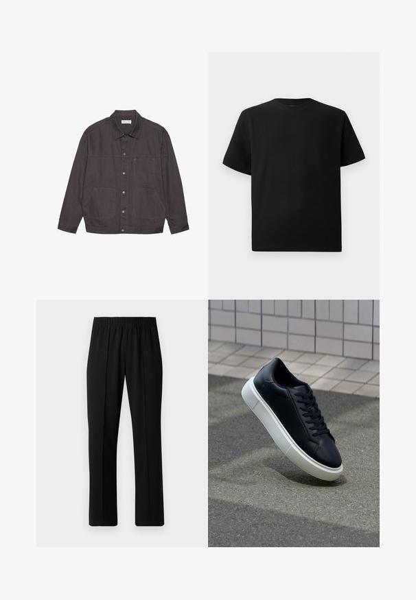 Dunkelgraue Jacke mit Kragen, vorderem Knopfverschluss und zwei großen Taschen. Hergestellt aus strapazierfähigem Stoff, mit dezenten Nahtakzenten.; Schwarzes Kurzarm-T-Shirt aus strukturiertem Stoff, mit einem Rundhalsausschnitt und einer lockeren Passform. Einfach, ohne Muster oder Akzente.; Schwarze, Gummibund-Hosen mit geradem Schnitt, die eine glatte Textur aufweisen und keine sichtbaren Muster oder Beschläge haben.; Schwarze Leder-Sneaker mit runder Zehenpartie und weißer Gummisohle. Verfügt über flache Schnürsenkel und minimale Nähte im Obermaterial. Strukturiertes Sohlenprofil für besseren Halt.