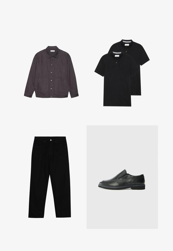 Donkergrijze jas met een kraag, knoopsluiting aan de voorkant en twee grote zakken. Gemaakt van duurzame stof, met subtiele stiksels als accent.; Twee zwarte polo shirts, met korte mouwen, van katoen, met een klassieke kraag, een knoopsluiting met twee knopen en witte gestreepte accenten aan de binnenkant van de kraag.; Zwarte denim broek met een recht gesneden pasvorm, vijf gebruikersvriendelijke zakken en een sluiting met een knoop aan de voorkant. Soepele textuur met minimale stikdetails.; Zwarte leren instapper met een soepele bovenkant, gestikte accenten, ronde neus en een lage rubberen hak. De zool heeft minimale profiel.