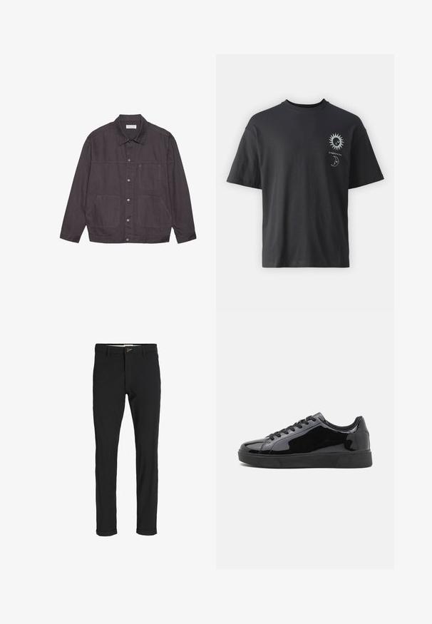 Dark gray jacket with a collared neck, front button closure, and two large pockets. Made of durable fabric, featuring subtle stitching accents.; Black cotton t-shirt with short sleeves, round neck, and front graphics of a sun and moon, accompanied by text "Le Soleil et La Lune."; Black cotton blend pants with a slim fit, featuring a button closure, pockets, and rolled cuffs for a casual finish.; Black patent leather sneakers with a round toe, flat rubber sole, and black laces. Smooth, shiny texture on upper surface.