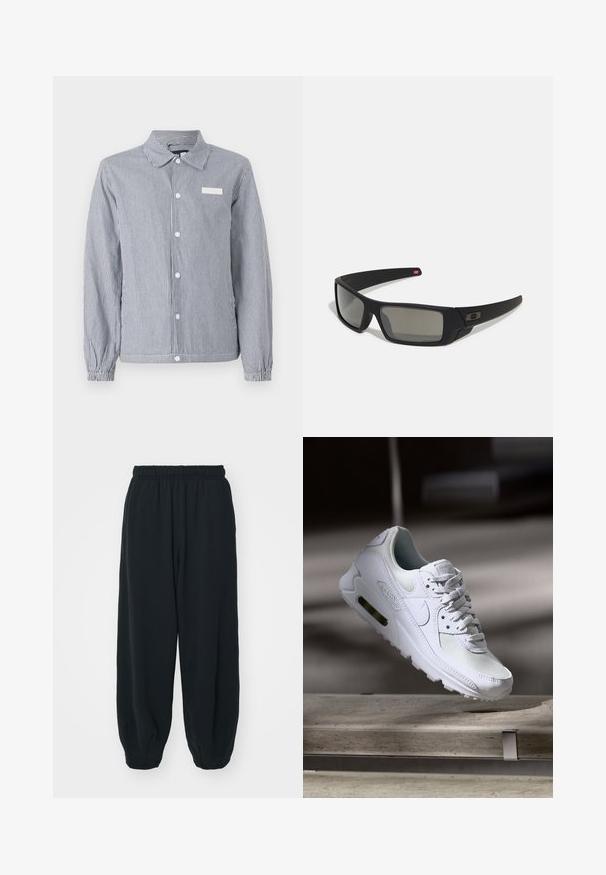 Gestreifte Button-up-Bluse in Marineblau und Weiß, mit Kragen, langen Ärmeln mit elastischen Bündchen und einem kleinen weißen Etikett auf der Brust.; Schwarzer Sweatshirt aus Baumwolle mit rundem Ausschnitt, langen Ärmeln und einem kleinen weißen Nike-Logo auf der oberen linken Brust.; Schwarze Sweatpants mit elastischem Bund, lockerer Passform, gerippten Beinabschlüssen, glatter Textur und ohne sichtbare Muster oder Hardware-Akzente.; Weiße Nike Air Max 90 Sneaker mit einem Obermaterial aus Mesh und Leder, durchlässigem Zehenbereich und einer sichtbaren Air-Einheit in der Ferse.; Schwarze Sonnenbrille mit matter Oberfläche, rechteckigen Gläsern, leichtem Bogen an den Schläfen, dezentem Logo-Detail und rauchgetönten Gläsern.