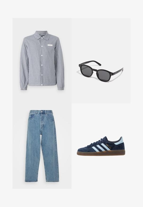 Prúžkovaná košeľa s gombíkmi v námorníckej modrej a bielej farbe, s golierom, dlhými rukávmi s elastickými manžetami a malou bielou nálepkou na hrudi.; Dve bavlnené tričká zobrazené chrbát k chrbátu: jedno čierne a jedno biele. Obe majú krátke rukávy a okrúhly výstrih, s hladkou textúrou.; Svetlo modré džínsy s vysokým pásom a voľným strihom, s dvoma prednými vreckami, zadným nášivkovým vreckom a zapínaním na gombík.; Námornícky modré semišové tenisky Adidas s svetlomodrými pruhmi, gumenou podrážkou, svetlomodrou pätou a zlatým označením "Spezial" po boku.; Čierne oválne slnečné okuliare s tmavými sklami, hrubými rámami a striebornými bodovými detailmi na stranách. Hladký plastový materiál, moderný dizajn.