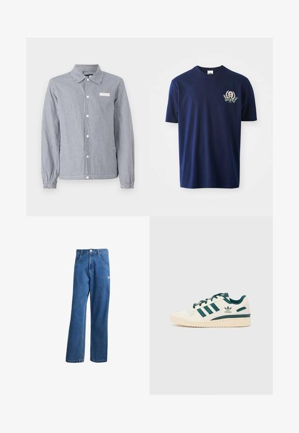 Stripete skjorte med knapper i marineblått og hvitt, med krage, lange ermer med elastiske mansjetter, og et lite hvitt merke på brystet.; Marineblå bomull T-skjorte med korte ermer, rund halslinning, og brodert logo med laurbær-accenter på venstre bryst.; Blå høyhalsede vide denimjeans med frontlommer, belteholdere, knappelukking og liten Adidas-logo på høyre lår.; Hvit sneaker med grønne aksenter. Har tre grønne striper, teksturert tåhette og logo på siden. Gummisåle med teksturert mønster.