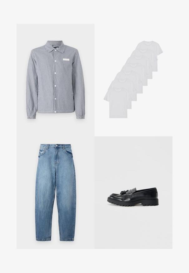 Camicia a righe botton-up in navy e bianco, con colletto, maniche lunghe con polsini elasticizzati e una piccola etichetta bianca sul petto.; T-shirt bianchi in cotone, maniche corte, design a collo tondo, texture liscia, impilati in fila, con un sottile marchio all'altezza del collo.; Jeans in denim azzurro chiaro con una vestibilità rilassata, design a cinque tasche e texture sbiadita. La vita presenta un bottone e una chiusura con zip.; Mocassini in pelle nera con finitura lucida, suola in gomma spessa e dettaglio decorativo con nappina sul davanti.