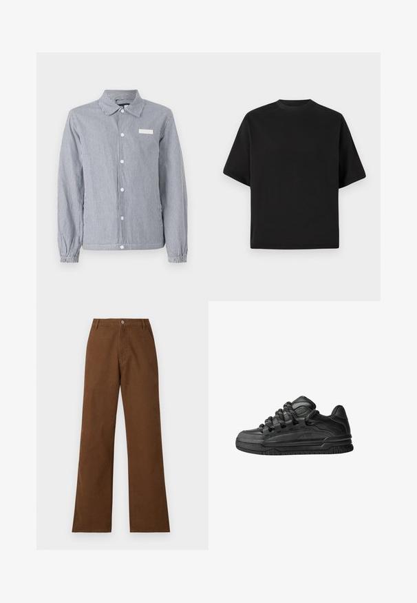 Cămașă cu dungi în nuanțe de navy și alb, cu guler, mâneci lungi cu manșete elastice și un eticheta mică albă pe piept.; Tricou negru cu mânecă scurtă, într-o croială lejeră, confecționat din bumbac fin, având decolteu rotund și un design minimalist.; Pantaloni din bumbac maro cu un design drept, închidere cu nasture și două buzunare frontale. Textură netedă fără modele sau embellishments vizibile.; Adidași negri cu o parte superioară din piele netedă, accente texturate și șireturi rotunde negre și albe. Talpă groasă din cauciuc cu un profil texturat.