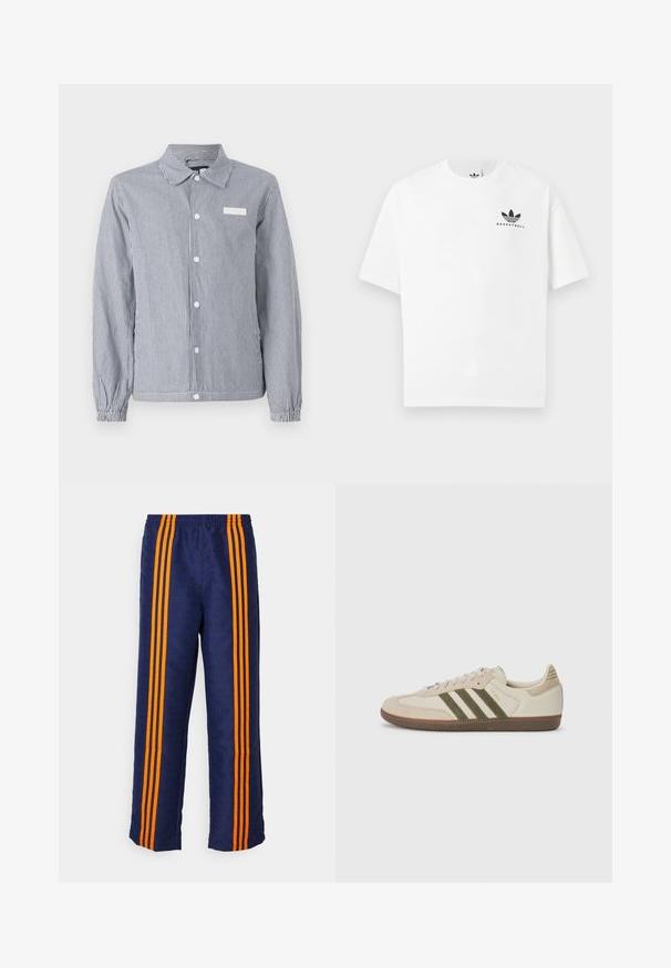 Gestreifte Button-up-Bluse in Marineblau und Weiß, mit Kragen, langen Ärmeln mit elastischen Bündchen und einem kleinen weißen Etikett auf der Brust.; Weißes Baumwoll-T-Shirt mit kurzen Ärmeln, das ein schwarzes "BASKETBALL"-Logo und ein ikonisches Drei-Streifen-Design auf der Vorderseite aufweist.; Blaue Jogginghosen mit einem Allover-Muster und orangefarbenen Streifen an den Seiten, mit einem bequemen elastischen Bund und lockerer Passform.; adidas Originals SAMBA OG UNISEX - Sneaker low - alumina/medium dark khaki/gum