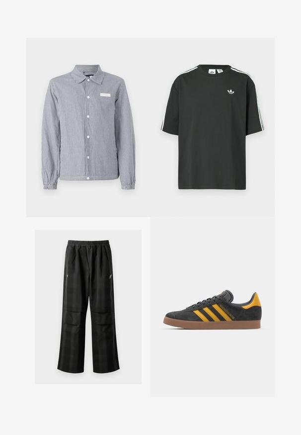 Gestreifte Button-up-Bluse in Marineblau und Weiß, mit Kragen, langen Ärmeln mit elastischen Bündchen und einem kleinen weißen Etikett auf der Brust.; Schwarzes Baumwoll-T-Shirt mit kurzen Ärmeln, Rundhalsausschnitt und weißen Dreistreifen-Details auf den Schultern. Verfügt über ein kleines weißes Logo auf der Brust.; Schwarze karierte Hosen mit elastischem Bund, zwei Fronttaschen und lockerer Passform im geraden Beinschnitt. Hergestellt aus leichtem Material.; Schwarze Wildledersneaker mit gelben Akzenten, ausgestattet mit drei Streifen und einer braunen Gummisohle. Enthält eine gepolsterte Zunge für zusätzlichen Komfort.