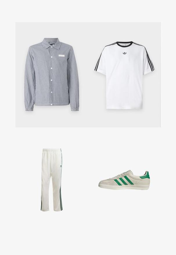 Striped button-up shirt in navy and white, featuring a collar, long sleeves with elastic cuffs, and a small white label on the chest.; White T-shirt made of cotton, featuring a black round neckline and three black stripes on each shoulder. Small black logo on the chest.; White athletic pants with green side stripes, elastic waistband, and a logo on the upper left side. Made from lightweight fabric.; Beige sneaker with green stripes, featuring a white sole and a smooth leather upper. Side view highlighting lace details and logo.