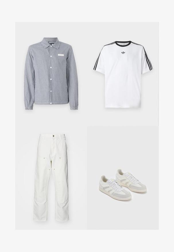 Stribet skjorte i navy og hvid, med krave, lange ærmer med elastiske manchetter og et lille hvidt mærke på brystet.; Hvid T-shirt lavet af bomuld, med en sort rund halsudskæring og tre sorte striber på hver skulder. Lille sort logo på brystet.; Hvide bomulds cargo bukser med en afslappet pasform. Funktioner inkluderer for- og baglommer, guldfarvede hardware detaljer og forstærkede knæsektioner.; Hvide sneakers med lysegrå nubuck-detaljer og striber, der har en struktureret stofoverdel, flade snørebånd og en gummisål.
