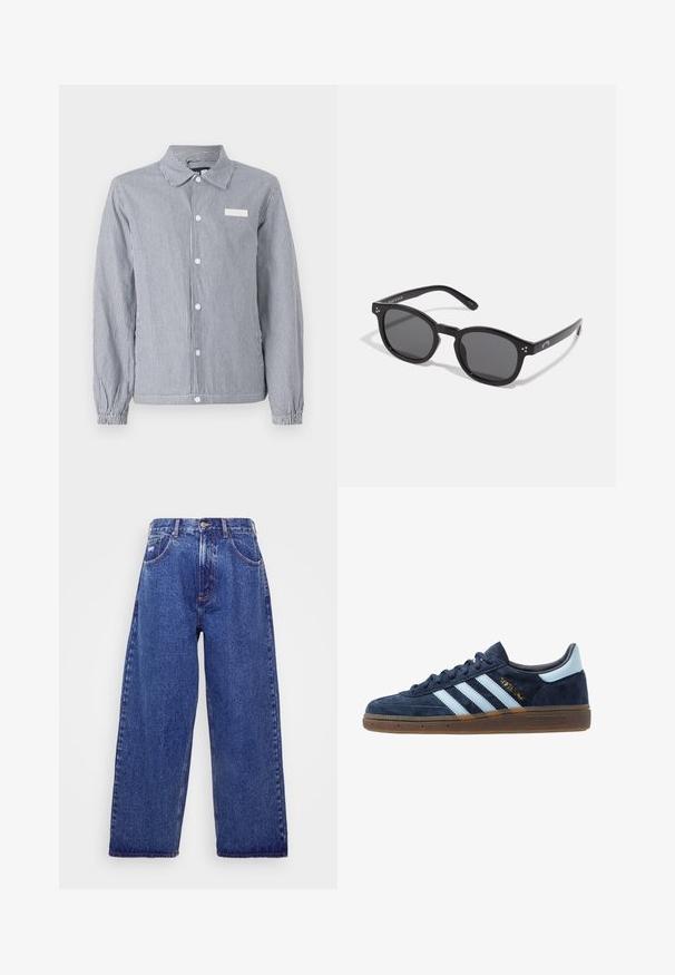 Gestreifte Button-up-Bluse in Marineblau und Weiß, mit Kragen, langen Ärmeln mit elastischen Bündchen und einem kleinen weißen Etikett auf der Brust.; Weißes T-Shirt mit kurzen Ärmeln aus weicher Baumwolle. Es hat einen Rundhalsausschnitt und eine lockere Passform, mit einer glatten Textur und einem klaren, schlichten Design.; Weite, blaue Denim-Jeans mit hoher Taille, die fünf Taschen, einen Knopfverschluss und dezente Ausbleichungen für Textur aufweisen.; Marineblaue Wildleder Adidas Sneaker mit hellblauen Streifen, Gummisohle, hellblauer Fersenkappe und goldener "Spezial"-Markierung an der Seite.; Schwarze ovale Sonnenbrillen mit dunklen Gläsern, dicken Rahmen und silbernen Punktekzenten an den Seiten. Glattes Plastikmaterial, zeitgemäßes Design.