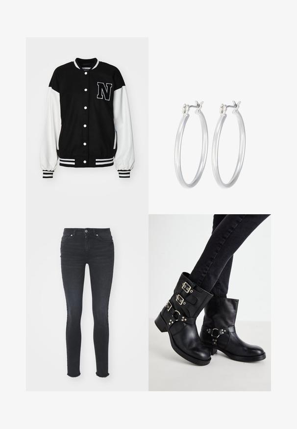Veste de style universitaire noir et blanc avec un tissu doux, des boutons-pression, des poignets côtelés et un grand "N" brodé sur la poitrine.; Bodysuit noir à manches longues avec col haut, doté d'un tissu solide sur le torse et de manches en maille transparente, conçu dans une coupe ajustée.; Jeans skinny en denim noir avec une taille mi-haute, cinq poches et un ourlet effiloché. Le tissu a une texture lisse avec un léger stretch.; Bottines en cuir noir avec trois accents de boucle, bout arrondi et un petit talon carré. Le design présente des panneaux lisses et texturés.; Boucles d'oreilles en argent avec une finition lisse et polie. Forme ronde et fermeture à clip sécurisée. Design léger adapté pour un port quotidien.