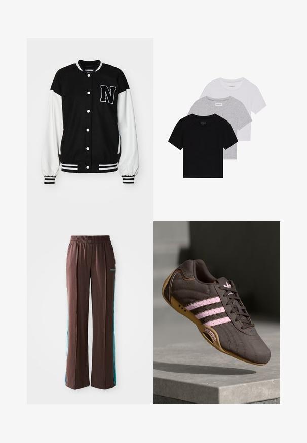 Veste de style universitaire noir et blanc avec un tissu doux, des boutons-pression, des poignets côtelés et un grand "N" brodé sur la poitrine.; Ensemble de trois t-shirts à manches courtes en noir, gris et blanc. Fabriqués en coton, avec un col rond et un design simple de couleur unie.; Pantalons de sport marron avec une texture côtelée, une taille élastique et des rayures latérales turquoise. Arbore le logo adidas sur le devant.; Chaussure de sport en suède brun avec des rayures et un logo roses, dotée d'un dessus texturé, de lacets et d'une semelle en caoutchouc beige.