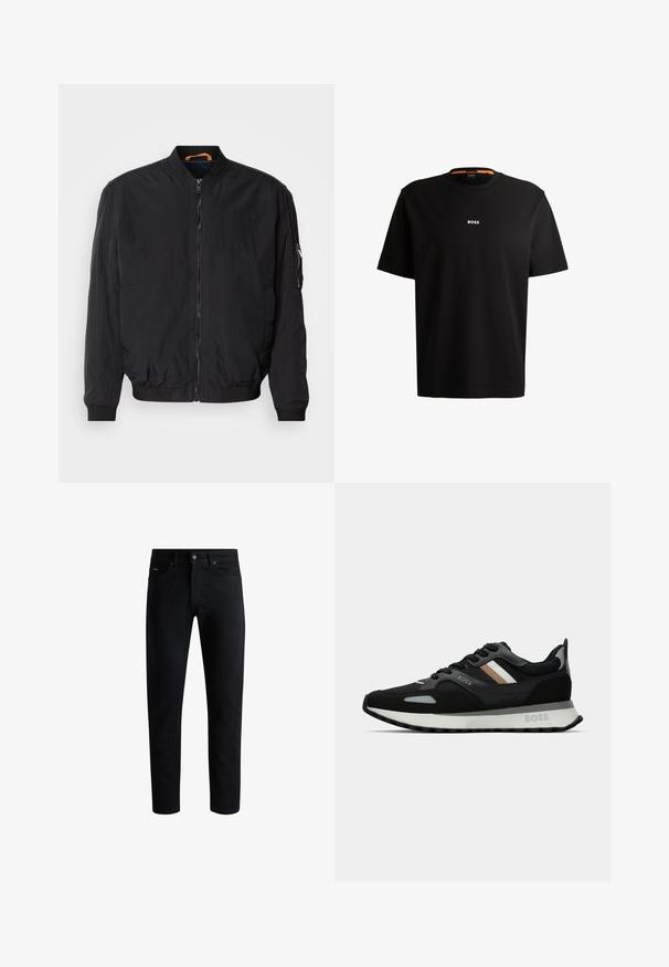 Zwarte bomberjack met een rits aan de voorkant, ribgebreide manchetten en kraag. Beschikt over een gladde, lichte stof en een zijzak met rits.; Zwarte katoenen t-shirt met ronde halslijn, korte mouwen en een witte "BOSS"-logo in het midden van de borst. Het heeft een gladde textuur en een casual pasvorm.; Zwarte slim-fit jeans met vijf zakken, knoopsluiting en riemlussen, tegen een witte achtergrond gepresenteerd.; Zwarte hardloopschoen met een gestructureerd oppervlak, lichtgrijze accenten en drie horizontale strepen in bruin. Voorzien van een witte, gevoerde zool.