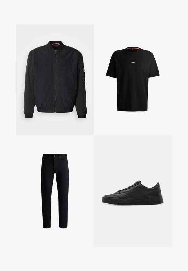 Jachetă neagră tip bomber cu fermoar pe față, manșete și guler ribbate. Prezintă un material neted și ușor, precum și un buzunar lateral cu fermoar.; Tricou din bumbac negru, cu decolteu rotund, mâneci scurte și logo-ul alb „BOSS” centrat pe piept. Textură fină, croi lejer.; Jeans negri slim-fit cu cinci buzunare, închidere cu nasture și bucle pentru curea, expuși pe un fundal alb.; Nike sport cu partea superioară din piele netedă, vârf rotund, sireturi plate, guler căptușit și design minimalist. Talpă din cauciuc cu un model discret de profil.
