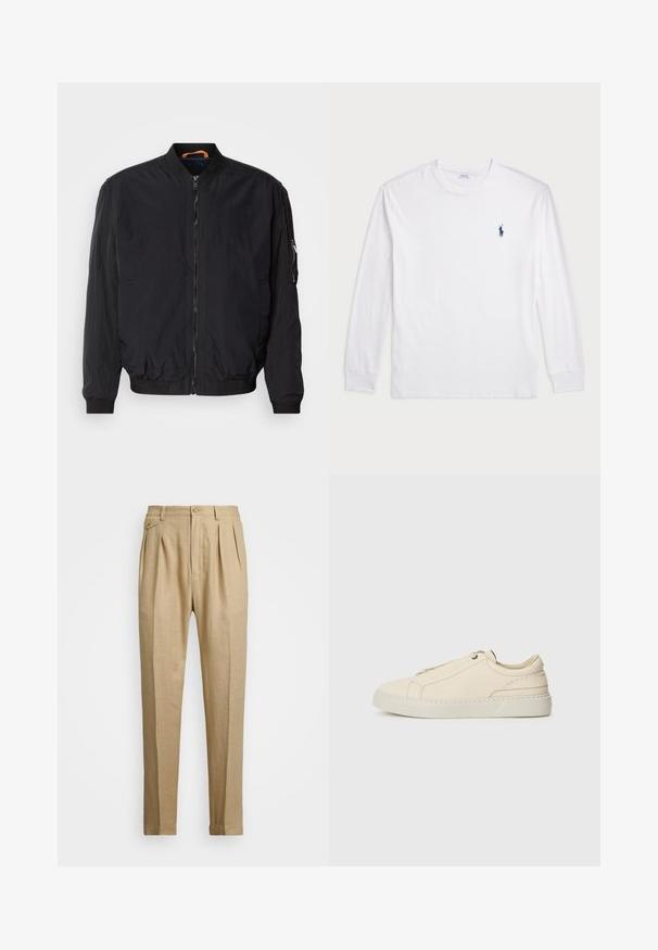 Crna bomber jakna s patentnim zatvaračem sprijeda, rebrastim manžetama i ovratnikom. Ima glatku, laganu tkaninu i bočnu jaknu s patentnim zatvaračem.; Bijela majica dugih rukava od pamuka. Ima okrugli izrez, rebraste manšete i mali logo u mornarskoplavoj boji na lijevoj strani grudi.; Bež lanene hlače ravnog kroja, s dva prednja nabora, zatvaranjem na gumb i bočnim džepovima. Tekstuirana tkanina s glatkom površinom.; Bež kožne tenisice s okruglim vrhom, minimalistički dizajn, suptilni šavovi i teksturirana gornja strana, na svijetloj potplati.