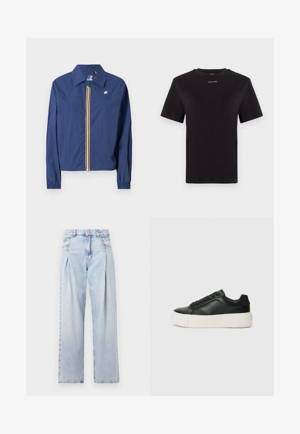 Sötétkék dzseki hegyes gallérral, elöl cipzáras záródással, színes csíkkal, rugalmas mandzsettákkal, és logóval a mellkasán.; Fekete pamut póló rövid ujjakkal, kerek nyakkivágással és kis fehér "Calvin Klein" logóval a mellkasnál. Simás textúra, klasszikus fazon.; Világoskék farmernadrág magas derekú, bő szabású, két oldalsó zsebbel és pliszírozott dizájnnal. Puha tapintású, elhalványított felület.; Fekete bőr sportcipő lekerekített orral, fehér platformtalppal és fekete fűzőkkel. Diszkrét logó található a sarokon és sima felülete van.