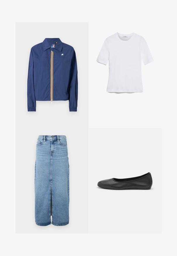 Giacca blu navy con colletto a punta, chiusura frontale con zip e una striscia multicolore, polsini elasticizzati e un logo sul petto.; T-shirt bianca a maniche corte realizzata in tessuto a costine. Collo rotondo, vestibilità regolare e dettagli di cucitura sottili. Senza motivi o grafiche.; Gonna maxi in denim blu chiaro con spacco frontale, chiusura a bottoni e cinque tasche. Presenta cuciture classiche e un design a taglio dritto.; Pantofole da balletto nere in pelle con punta arrotondata, texture liscia, dettagli di cucitura minimi e design con suola flessibile.