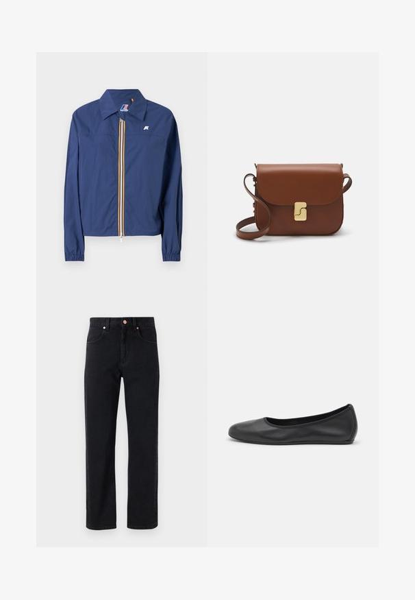 Marineblauwe jas met een puntige kraag, vooraan met ritssluiting en een veelkleurige streep, elastische manchetten en een logo op de borst.; Witte korte mouwen t-shirt van ribstof. Ronde halslijn, normale pasvorm en subtiele stiksels. Geen patronen of grafische elementen.; Zwarte denim jeans met een recht model, vijf-pocket ontwerp, koperen knoopdetails en minimale zichtbare stiksels.; Zwarte leren ballerina met een ronde neus, gladde textuur, minimale stikdetails en een flexibele zoolontwerp.; Bruine leren handtas met een klep sluiting, gouden hardware, een schouderband en een gladde textuur. Compact rechthoekige vorm.