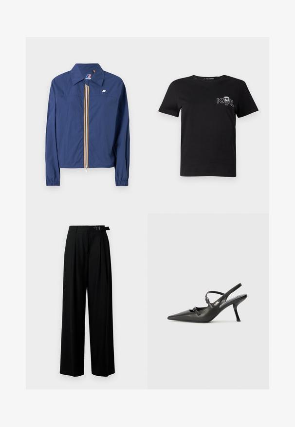 Námořnická modrá bunda s špičatým límcem, předním zipovým uzávěrem, který má barevný pruh, elastickými manžetami a logem na hrudi.; Černé triko s krátkým rukávem vyrobené z bavlny. Obsahuje bílou grafiku se textem "KARL" a stylizovanou postavou na hrudi. Kulatý výstřih.; Černé široké kalhoty s vysokým pasem, záhyby vpředu a páskem s přezkou. Vyrobené z hladké, lehké tkaniny.; Černé kožené lodičky na boku s špičatou špičkou, štíhlým podpatkem a dekorativní přezkou na nártu. Hladká textura a elegantní design.