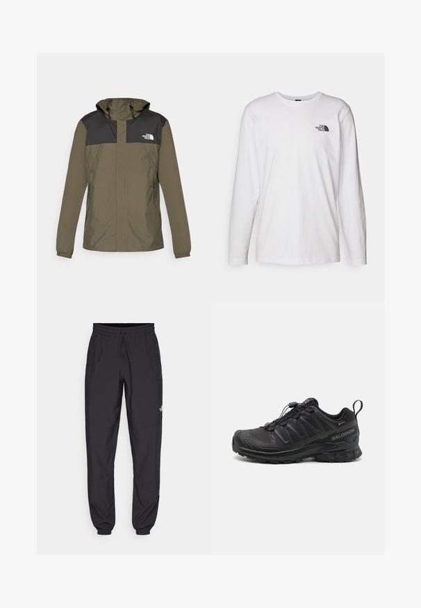 Olivengrøn jakke med sort øverste sektion og hætte. Har elastiske manchetter, lynlåsende lommer og et logo på venstre bryst.; Hvid langærmet T-shirt lavet af bomuld med rund hals. Har et lille sort logo på brystet. Glat tekstur, almindelig pasform.; Sorte atletiske bukser lavet af letvægtsstof, med en snor i taljen, sidelommer og tapered manchetter ved anklerne.; Sort atletik sko med en struktureret syntetisk overdel, polstret sål og et hurtiglukkesystem. Har forstærket tå og hæl.