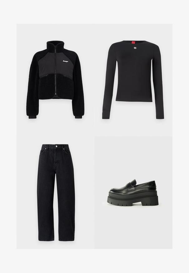 Czarna kurtka typu zip-up z panelami z polaru i gładkiego materiału, wysoki kołnierz oraz ściągacze przy mankietach. Posiada logo na piersi oraz przednie kieszenie na zamek.; Czarna koszula z długim rękawem wykonana z gładkiego materiału. Posiada okrągły dekolt oraz małe srebrne logo na piersi. Minimalistyczny design.; Czarne dżinsy z wysokim stanem, proste nogawki, pięć kieszeni, metalowe nity i tonowe przeszycia. Gładka tekstura, minimalistyczny design.; Czarne skórzane loafersy z grubą platformą. Okrągły nos, detal szwu z przodu i subtelne akcenty przeszycia. Płaska, teksturowana podeszwa.