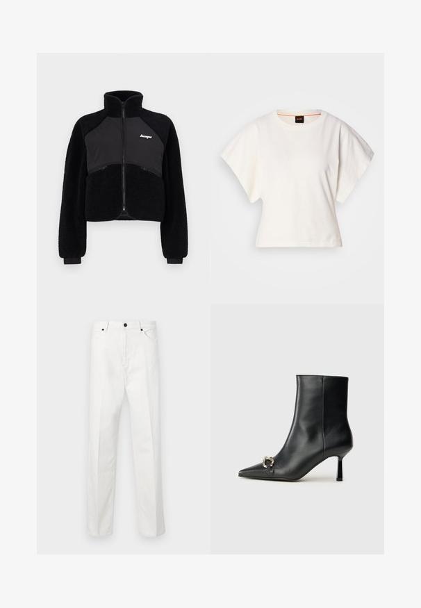 Casaco preto com fecho éclair, painéis em fleece e tecido liso, colarinho alto e punhos canelados. Apresenta um logo no peito e bolsos frontais com fecho.; T-shirt branco cropped, mangas curtas e largas, material de algodão suave, decote redondo com um discreto acabamento laranja, design minimalista, sem padrões ou gráficos.; Calças de ganga brancas com corte straight, fecho de botão e dois bolsos frontais. Sem padrões ou adornos visíveis. Textura suave.; Bota preta de couro até ao tornozelo com bico apontado, salto slim de altura média e detalhe em fivela prateada de lado, contra um fundo simples.