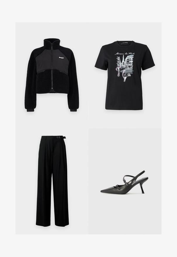 Svart hettejakke med fleece- og glatte stoffpaneler, høy krage og ribbestrikket mansjetter. Har logo på brystet og frontlommer med glidelås.; Svart bomull t-skjorte med grafisk design av parisiske gater med et tårn, aksentert med rosa og hvit linjekunst. Rund hals.; Svarte vide bukser med høy livlinje, folder foran og belte med spenne. Laget av glatt, lett materiale.; Sorte skinn slingback-hæler med spiss tå, slank hæl og dekorativ spenne detalj på vampsiden. Glatt tekstur og stilrent design.