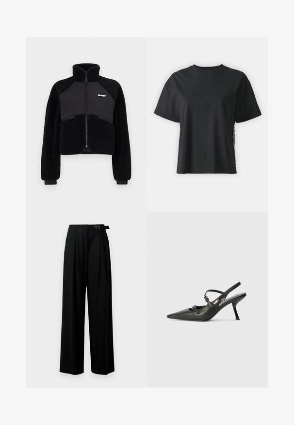 Čierna zipsová bunda s fleece a hladkými textíliami, vysokým golierom a rebrovanými manžetami. Obsahuje logo na hrudi a predné zipsové vrecká.; Čierne tričko s krátkym rukávom z bavlny, vo voľnom strihu, s kontrastným postranným panelom, na ktorý sú umiestnené malé nápisy a designové detaily.; Čierne široké nohavice s vysokým pásom, skladmi vpredu a opaskom s prackou. Vyrobené z hladkej, ľahkej textílie.; Čierne kožené slingback topánky na vysokom podpätku s ostrou špicou, štíhlym podpätkom a dekoratívnym detailom s prackou na priehlavku. Hladká textúra a elegantný dizajn.