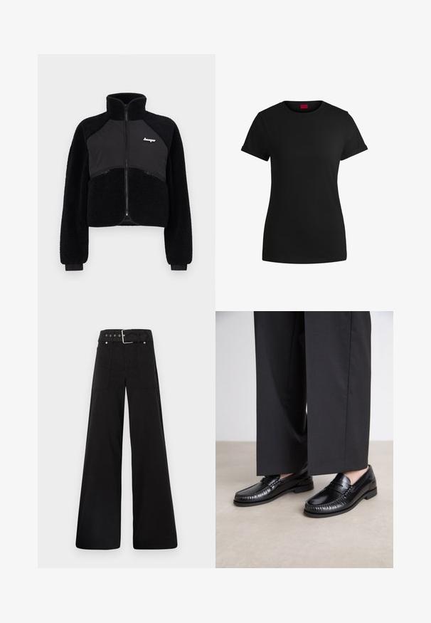 Schwarze Zip-Jacke mit Fleece- und glatten Stoffpaneelen, hohem Kragen und gerippten Bündchen. Mit Logo auf der Brust und vorderen Reißverschlusstaschen.; Schwarzes Baumwoll-T-Shirt mit kurzen, aufgerollten Ärmeln, rundem Halsausschnitt und rotem Etikett. Glatte Textur, taillierte Form mit minimalen Details.; Schwarze weitgeschnittene Hose aus Baumwolle, mit hoher Taille, großen Seitentaschen und einem taillierten Bund mit silbernen Hardware-Akzenten.; Schwarze Lederloafers mit glatter Oberfläche, genähten Details um die Zehen und einer niedrigen Gummisohle. Kombiniert mit weiten schwarzen Hosen.