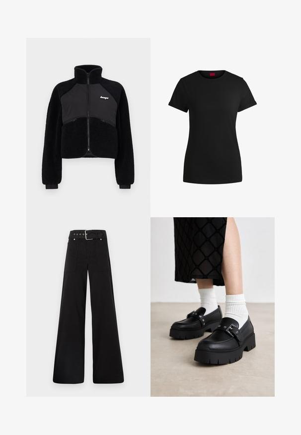 Chaleco negro con cremallera y paneles de tela de forro polar y suave, cuello alto y puños de canalé. Presenta un logo en el pecho y bolsillos con cremallera en la parte frontal.; Camiseta de algodón negra con mangas cortas enrolladas, escote redondo y etiqueta roja. Textura suave, forma ajustada y con un detalle minimalista.; Pantalones de pierna ancha negros, hechos de algodón, con cintura alta, grandes bolsillos laterales y una cintura ceñida con un cinturón que presenta acentos de metal plateado.; Mocasines de plataforma negros con un acabado de cuero suave, que presentan un detalle de hebilla y acentos de remaches, combinados con calcetines blancos de canalé.