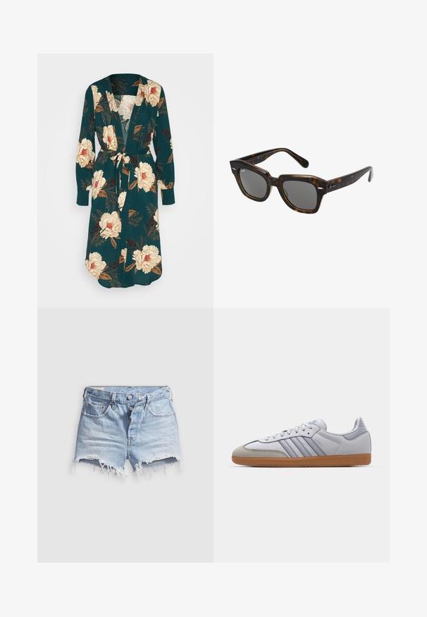 Rochie înflorată, cu un model în nuanță de albastru închis, având flori mari crem și burgund. Prezintă mâneci lungi, o curea legată și un decolteu adânc în V.; Două topuri fără mâneci, în alb și negru, fabricate din bumbac ribbed, având decolteuri rotunde și un design ajustat. Etichetele sunt vizibile pe ambele.; Pantaloni scurți decupați din denim albastru deschis, cu tivuri franjurate, cinci buzunare și închidere cu nasturi. Textura este moale, cu un aspect ușor uzat.; Tenisi din piele albă cu accente albastre deschise, vârf din suede gri și talpă din cauciuc maro. Prezintă trei dungi albastre și branding "Samba".; Ochelari de soare dreptunghiulari cu ramă din plastic cu model broască țestoasă, lentile închise la culoare și accente argintii pe laterale. Fabricat în Italia.
