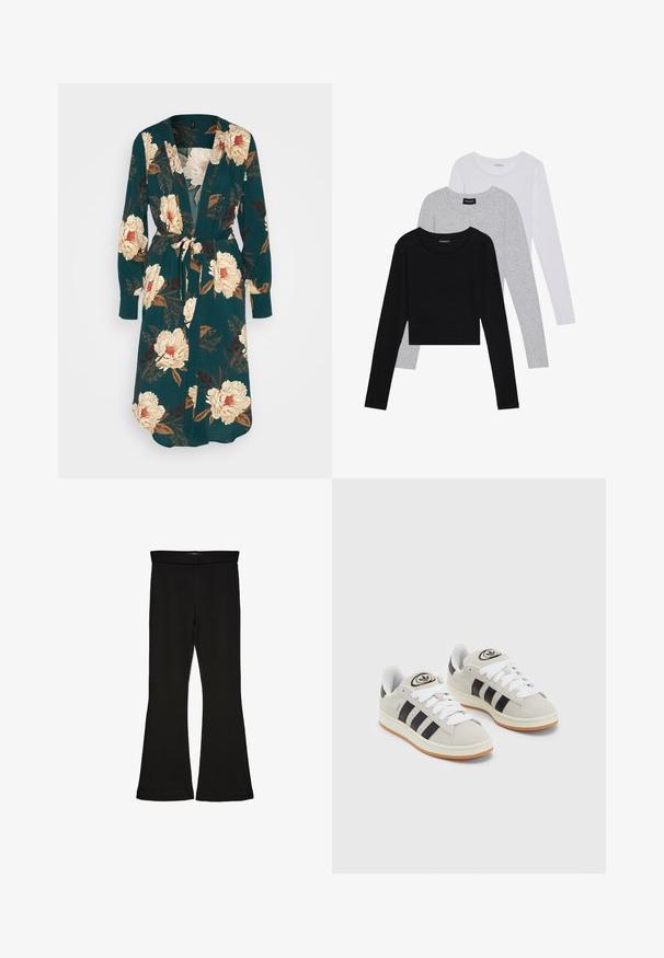 Blomstrande omlotklänning i mörk teal med stora krämfärgade och burgundy blommor. Har långa ärmar, ett knytbälte och en djup V-ringning.; Tre långärmade tröjor staplade: svart, grå och vit. Var och en har en rund halsringning och en kort design med mjukt, lätt material.; Svarta flare leggings tillverkade av elastisk tyg. Har en bred midja och en slät yta, med en åtsittande silhuett som flares vid fållen.; Grå mocka sneakers med vita snören, svarta ränder och en vit gummisula. Har en rund logo på tungan och en gummisula.