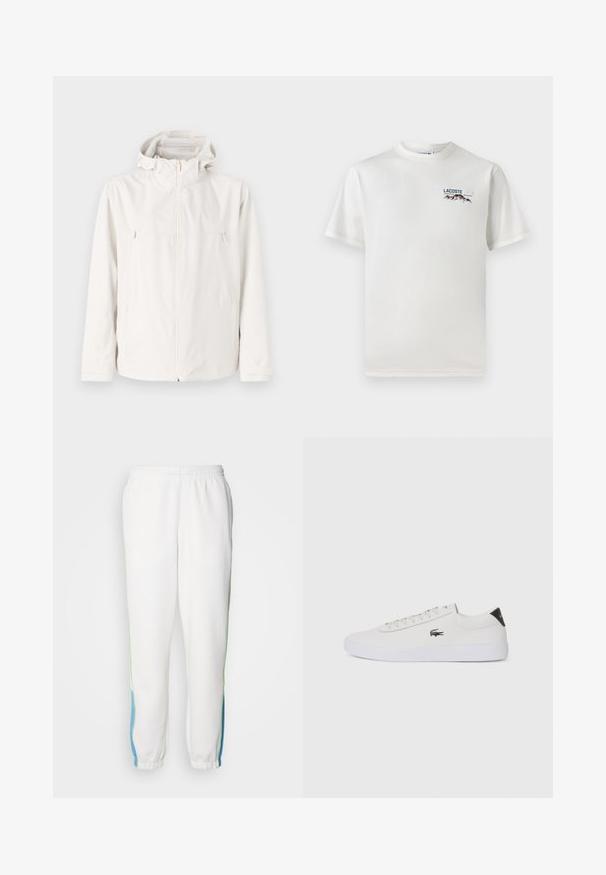 Lekka biała kurtka z kapturem, zapinana na zamek z przodu, z dwoma bocznymi kieszeniami. Gładka tekstura i minimalistyczny design.; Biała koszulka bawełniana z okrągłym dekoltem, krótkimi rękawami i małym haftowanym logo przedstawiającym góry oraz tekst po lewej stronie klatki piersiowej.; Białe dresy z elastycznym paskiem, z zielonymi i niebieskimi paskami po bokach. Miękka tkanina z zwężającym się fasonem nogawki.; Białe skórzane sneakersy z okrągłym noskiem, sznurowanym przodem i czarnym akcentem na pięcie. Posiadają małe wyszywane logo krokodyla po boku.