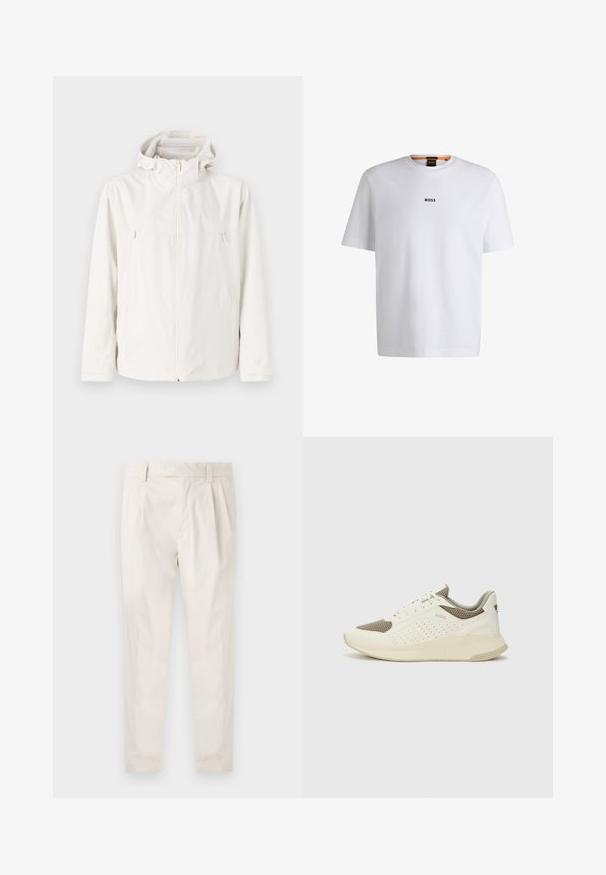 Leichte weiße Jacke mit Kapuze, Reißverschluss vorne und zwei Seitentaschen. Glatte Textur und minimalistisches Design.; Weißes Baumwoll-T-Shirt mit kurzen Ärmeln, ausgestattet mit einem schwarzen "BOSS"-Logo, das mittig auf der Brust platziert ist, und einem runden Halsausschnitt.; Weiße, plissierte Hose mit taillierten Schnitt, die eine glatte Textur, Gürtelschlaufen und schmal zulaufende Beine aufweist. Keine sichtbaren Taschen oder Muster.; Weiße und hellbeige Sport Sneakers, ausgestattet mit einem Obermaterial aus Netzgewebe, perforierten Details und einer strukturierten Zwischensohle mit Branding an der Ferse.