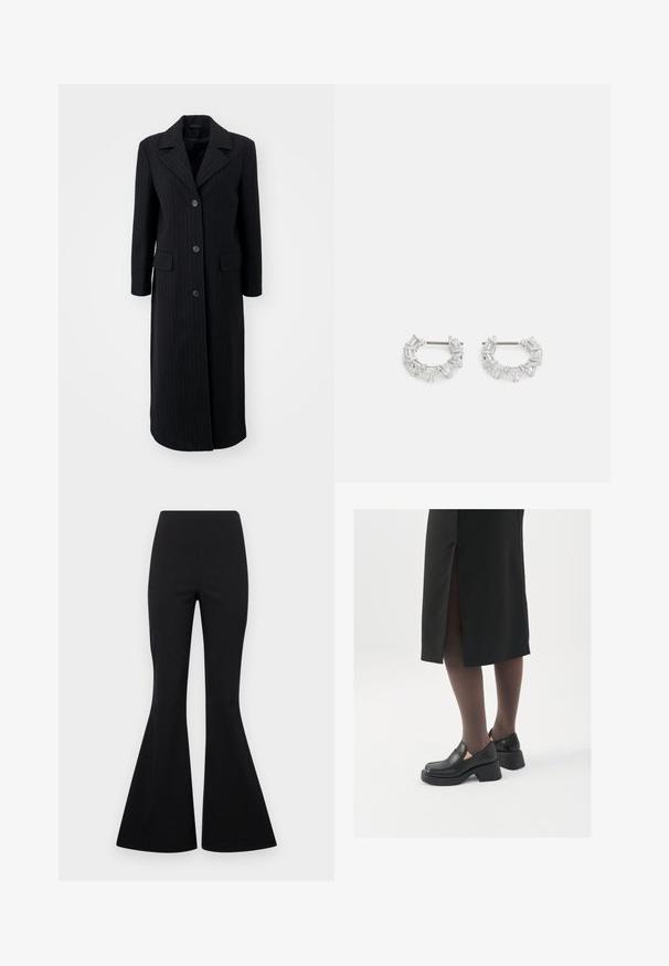 Abrigo negro de rayas con cuello de muesca, mangas largas, seis botones frontales y dos bolsillos laterales tipo parche, fabricado en un tejido texturizado.; Dos camisetas sin mangas en negro y blanco, hechas de algodón acanalado, con escote redondo y un diseño ajustado. Etiquetas visibles en ambas.; Pantalones acampanados negros hechos de tela elástica con una textura suave, que cuentan con una cintura alta y piernas anchas de estilo acampanado.; Zapatos de piel negra con punta redondeada, tacón grueso y bloque, y acentos elásticos en los laterales, combinados con unos pantys oscuros y una falda negra con una abertura.; Pendientes de aro de plata con cristales claros, rectangulares y triangulares dispuestos en un diseño en patrones. Con tachuelas para un cierre seguro.