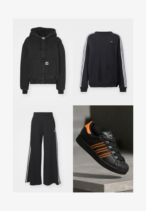 Carhartt WIP ACTIVE JACKET - Bomberjacke - black stone washed; Schwarzer Pullover mit langen Ärmeln, weißen Streifen an jedem Arm und einem kleinen grauen Logo auf der Brust. Material aus Baumwolle, lässige Passform.; Schwarze weite Sweatpants mit elastischem Bund, versehen mit weißen Seitestreifen und einem gestickten Logo auf dem linken Oberschenkel.; Schwarze Sneaker mit orangen Akzenten, drei horizontalen Streifen, strukturiertem Lederobermaterial, Gummikappe und schwarzen Schnürsenkeln.